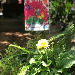 White mobile home screened porch decorated with Easter wreath, pansies in mulch bed, black lamppost, and purple flowers.